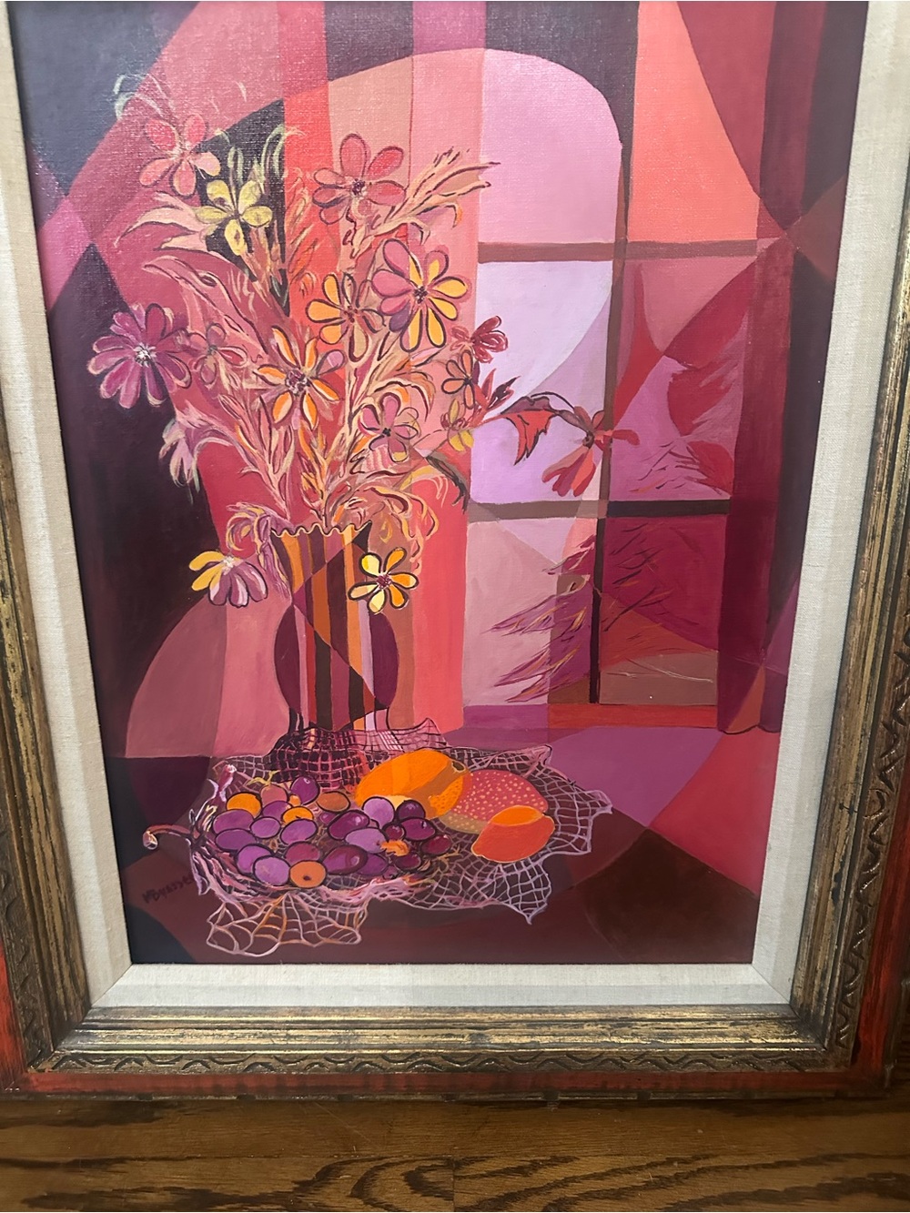 Moody Mid century modern painting on board still life flowers grapes window